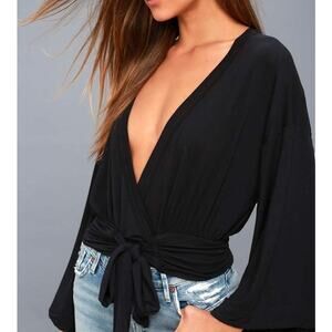 Free People That's a Wrap Black Bell Sleeve Crop Top Black Sz Small